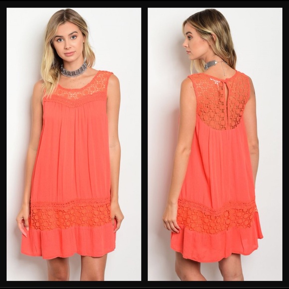 Coral Sleeveless Crochet Shift Dress - Picture 5 of 6